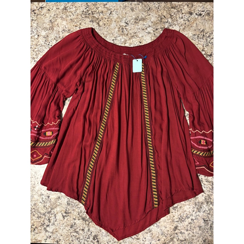 Hannah Womens 2X Embroidered Boho Peasant Top Burgundy Red Bell Sleeve RJU0405